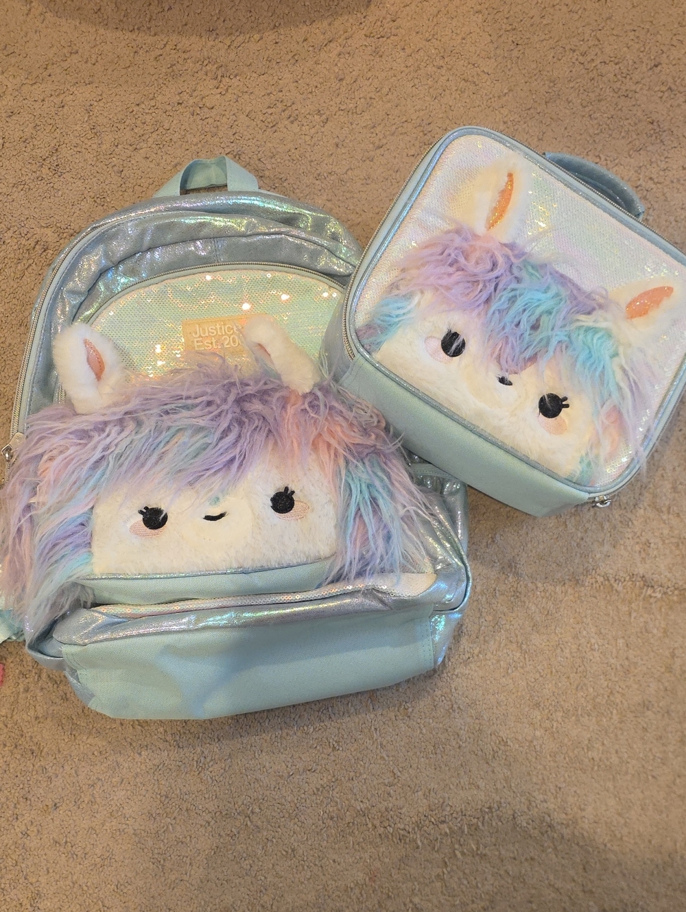 Justice Iridescent Light Blue Backpack with Matching Lunch Bag